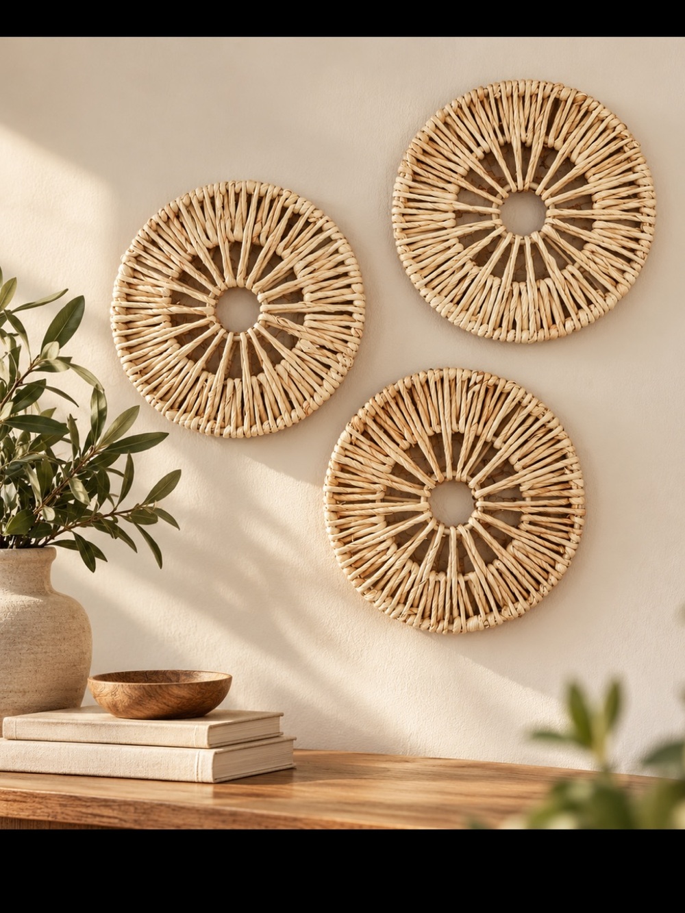 Set of 3 Woven Rattan Wall Decor Boho Natural Fiber 7.75”